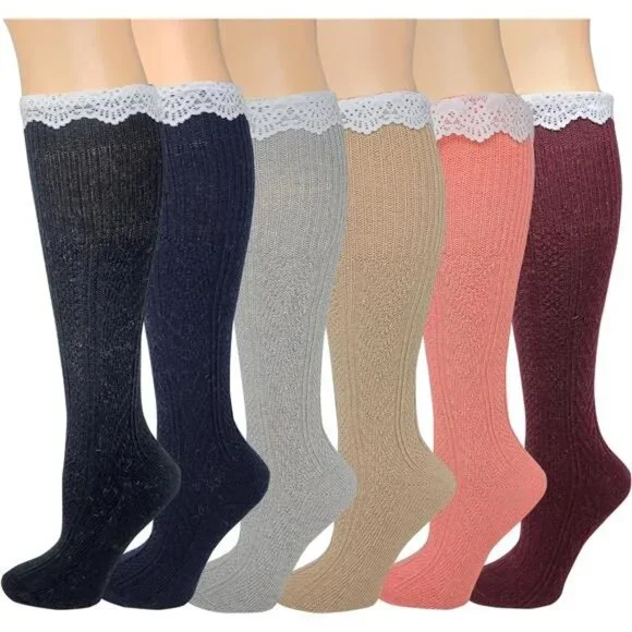 6 Pairs Women's Boot Socks Knee High Cable Knit Winter Wool Socks, Assorted